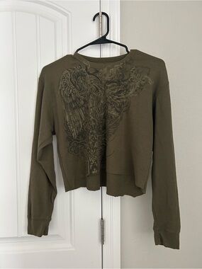 Olive Green Women's Cropped Graphic Thermal Long-Sleeve Top